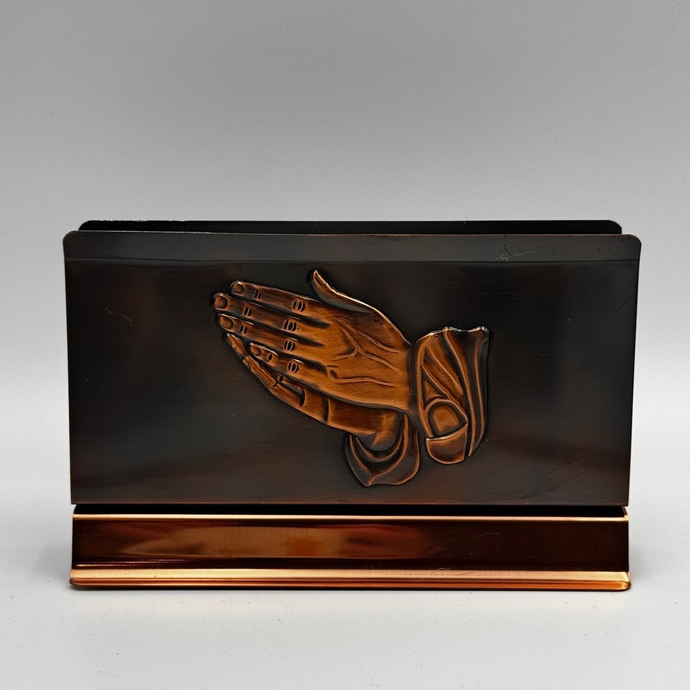 Vintage Copper Tone Praying Hands Metal Napkin letter Holder Religious Table